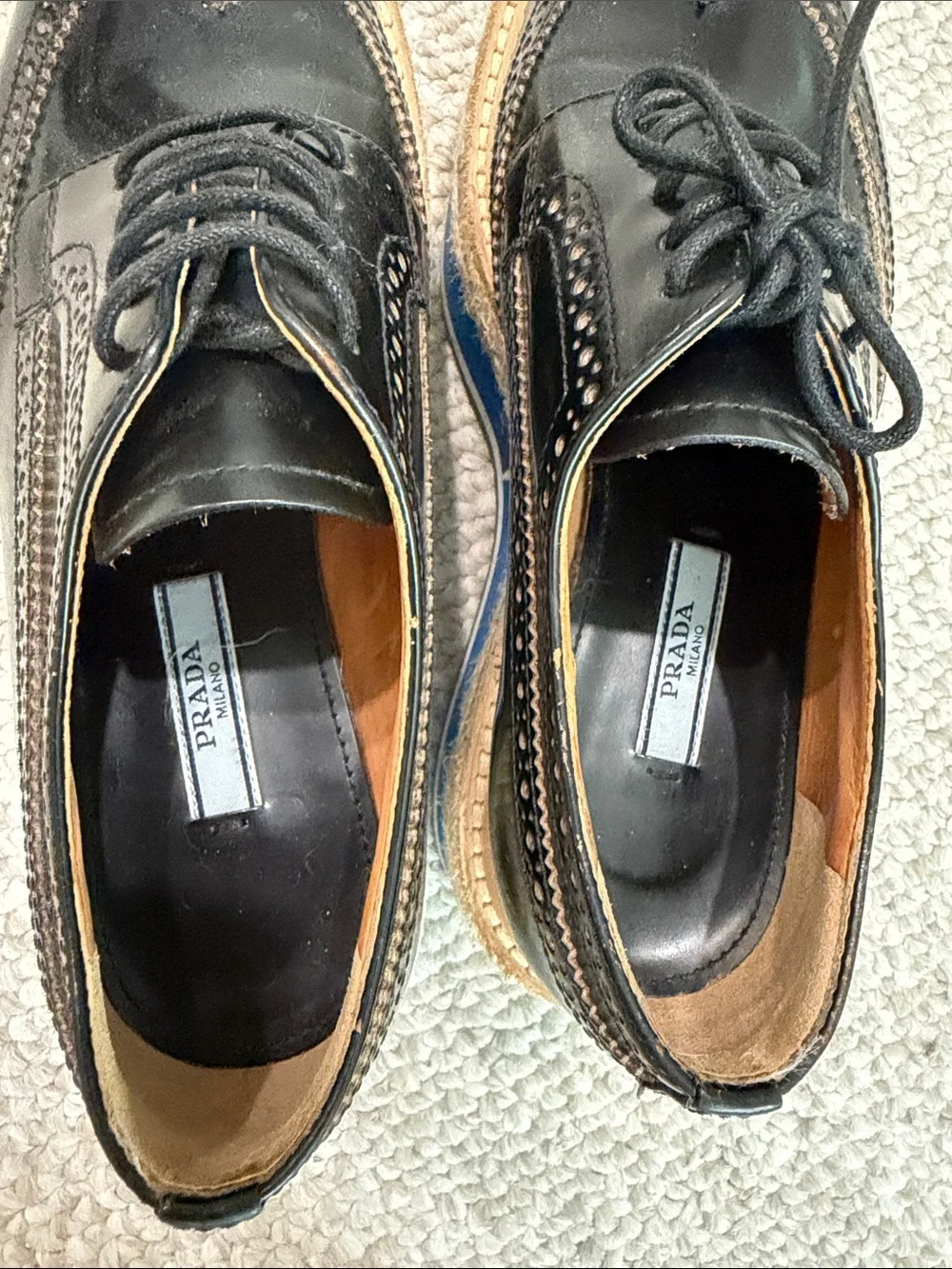 Prada Black Wingtip Lace-Up Brogues with Tan and Blue platform Sole